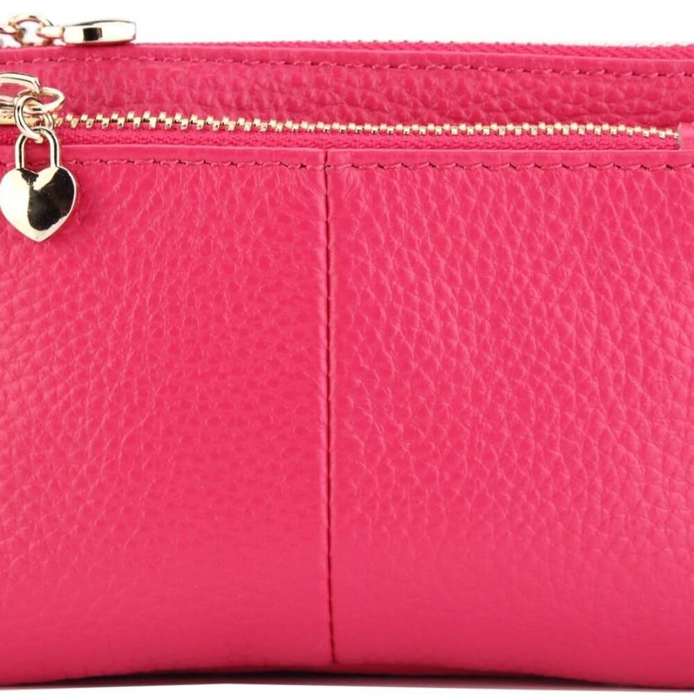 Women Genuine Leather Zip Mini Coin Purse With Key Ring Triple Zipper Card Holde